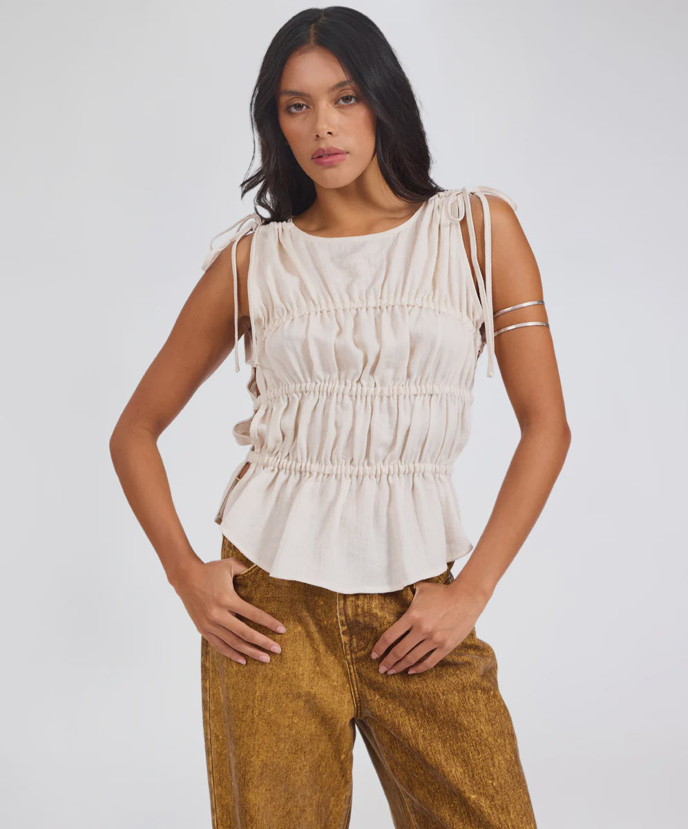 One Teaspoon Evelyn Gathered Ruched Tie Top- Cream