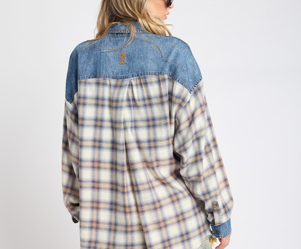 One Teaspoon Oversized Flannel Shirt Blue and White Check
