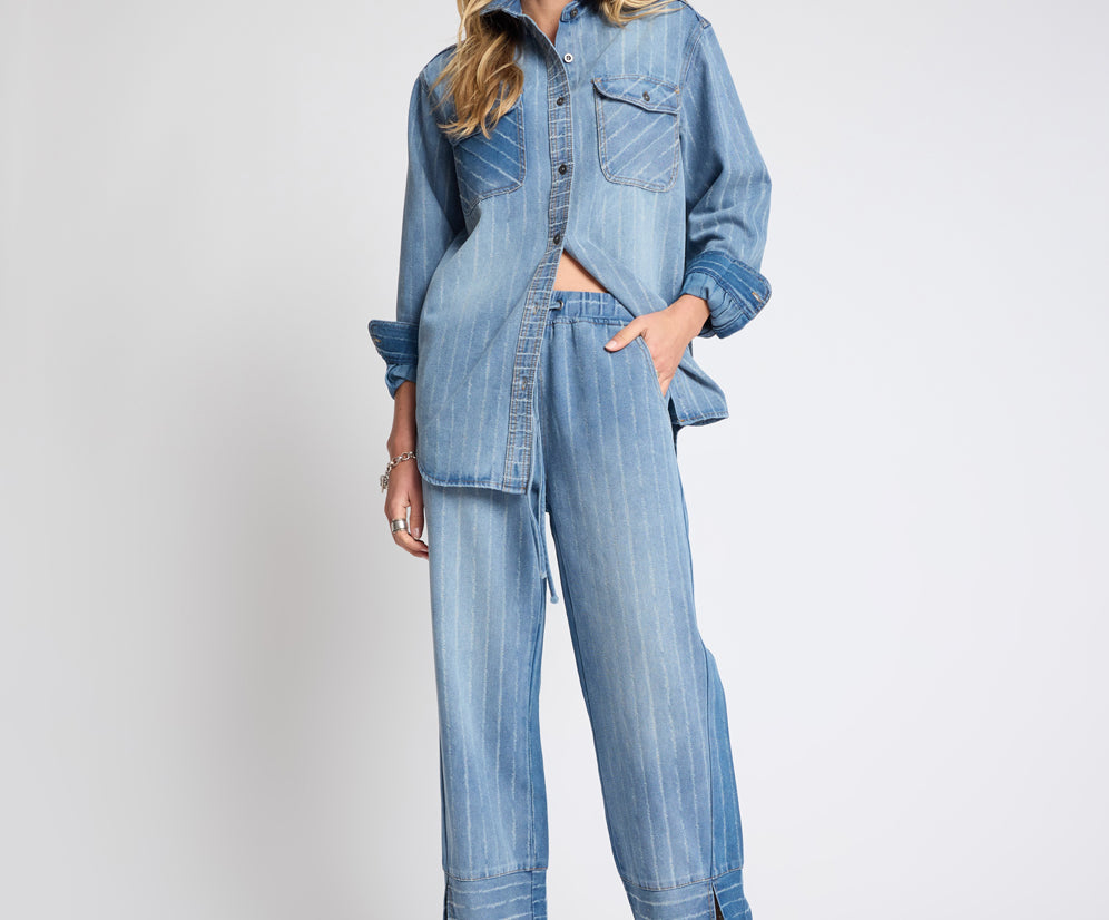 One Teaspoon Distressed Everyday Denim Shirt - Blue Stripe