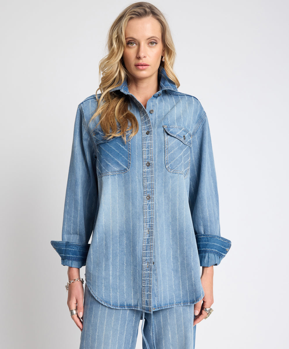 One Teaspoon Distressed Everyday Denim Shirt - Blue Stripe