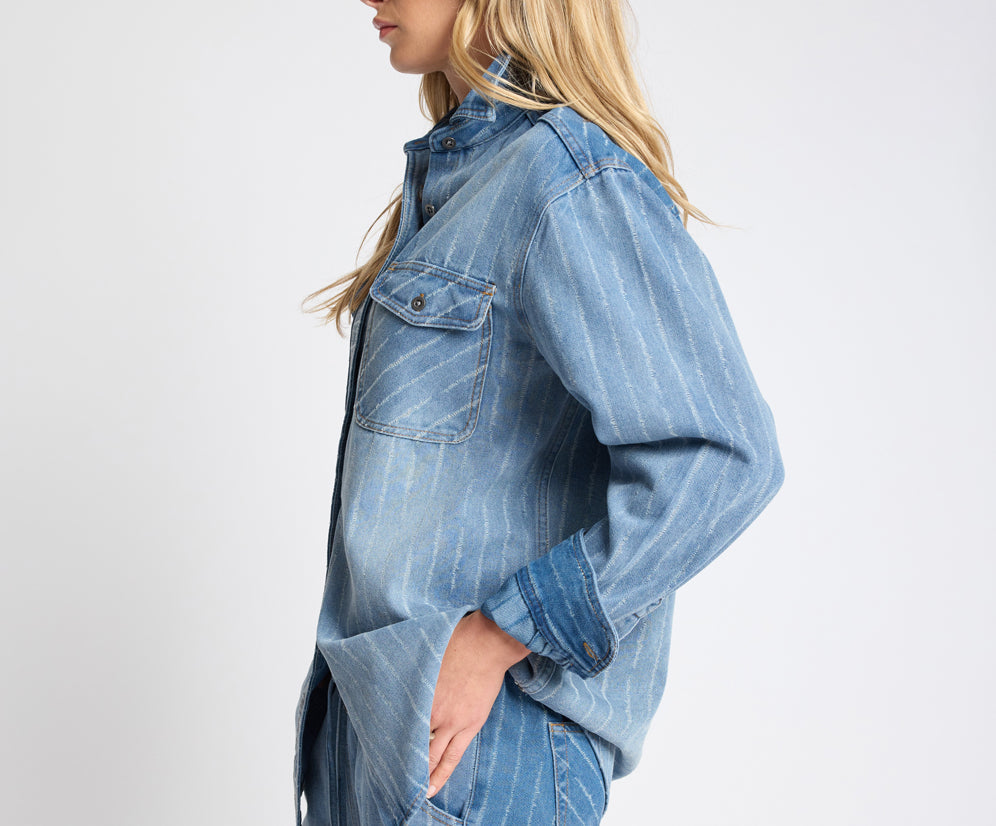 One Teaspoon Distressed Everyday Denim Shirt - Blue Stripe