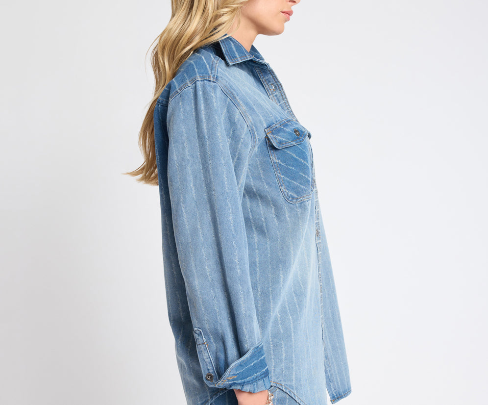 One Teaspoon Distressed Everyday Denim Shirt - Blue Stripe