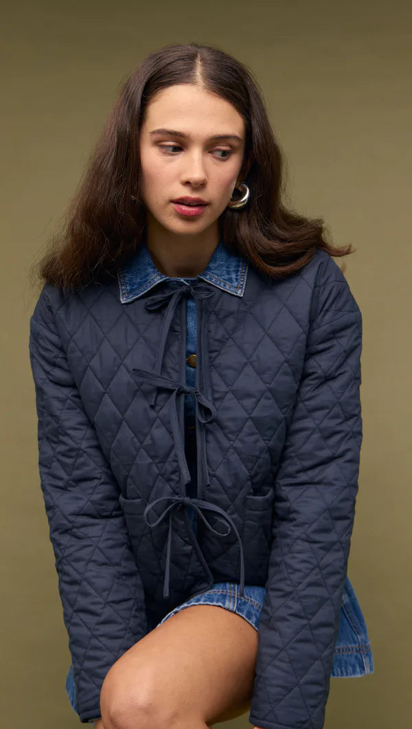 Mink Pink Blue tie Front Reversible Quilted Jacket