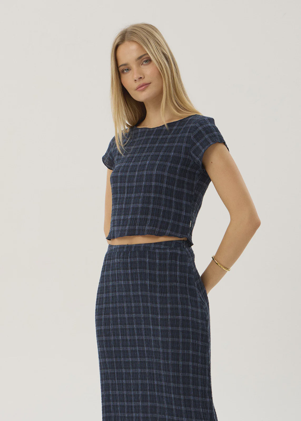 Afends Darcy Thea Hemp Seersucker Top Midnight Check