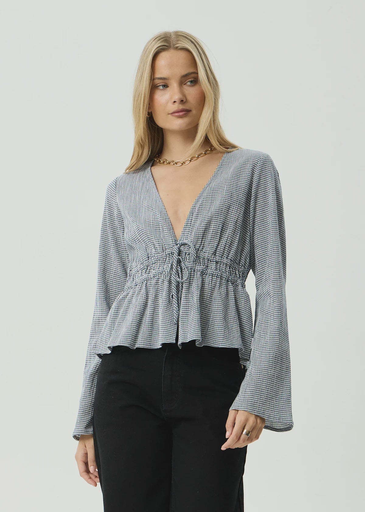 Afends Annika Indy Recycled Long Sleeve Top Indy Navy Check