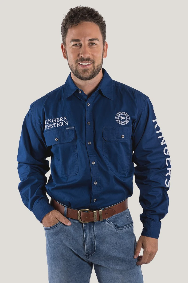Ringers Western Hawkeye Mens Full Button Work Shirt - Navy/White