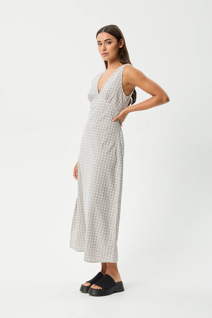 Afends Drew Seersucker Maxi Dress Taupe Check