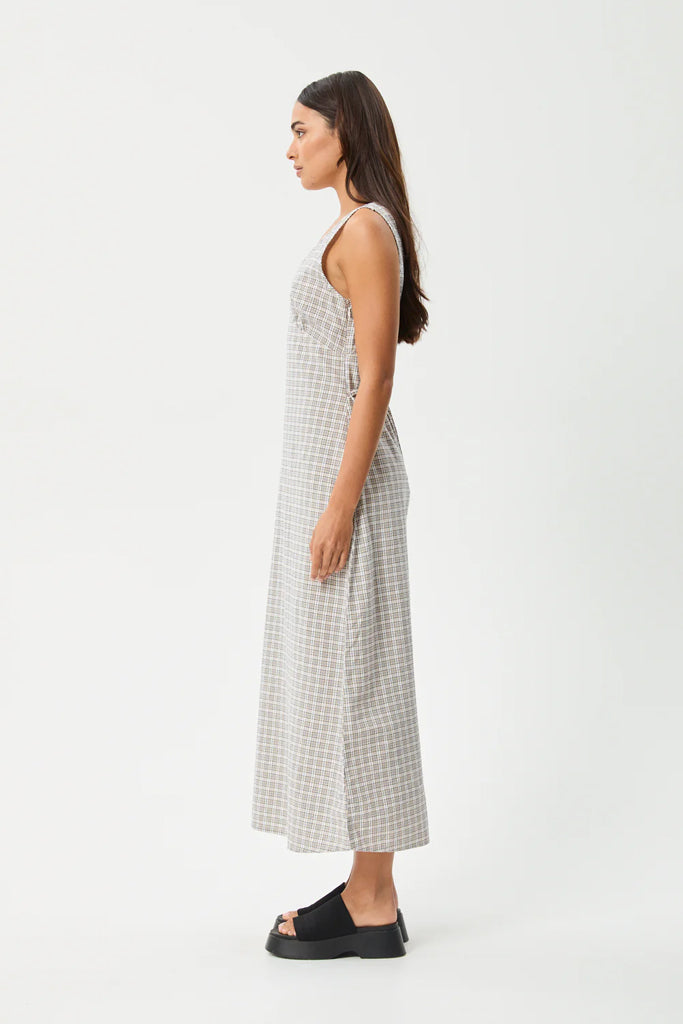 Afends Drew Seersucker Maxi Dress Taupe Check