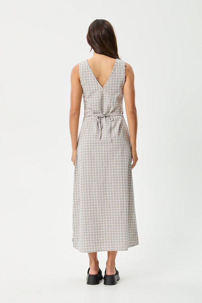 Afends Drew Seersucker Maxi Dress Taupe Check