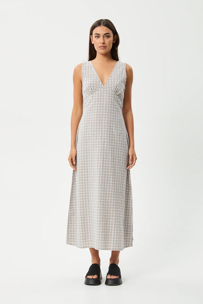 Afends Drew Seersucker Maxi Dress Taupe Check