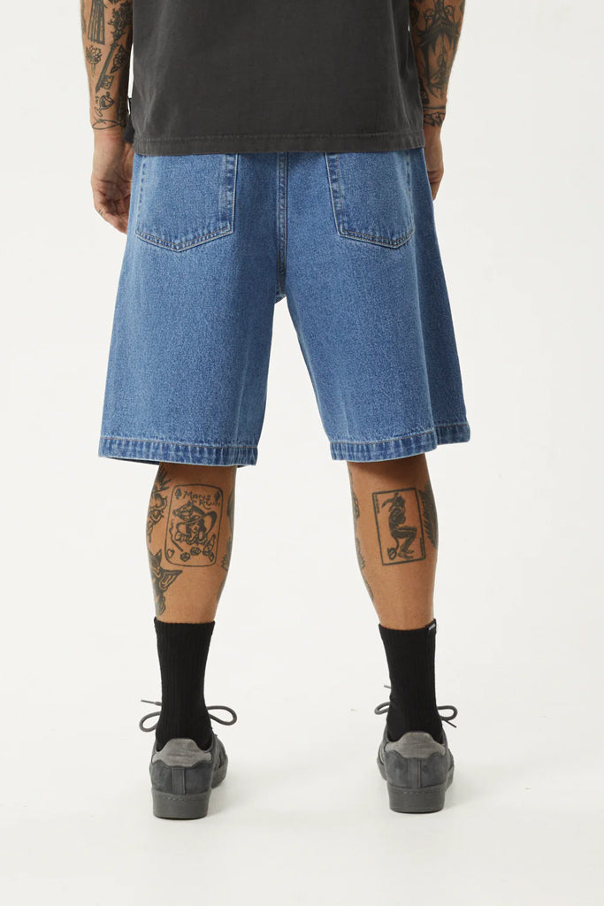 Afends Lil C Denim Baggy Fit Short 22 Inch Worn Blue