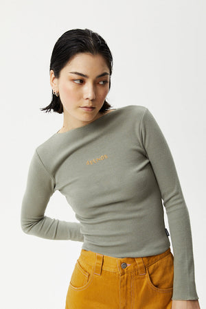 Afends Day Dream Peony Ribbed Long Sleeve Top Olive