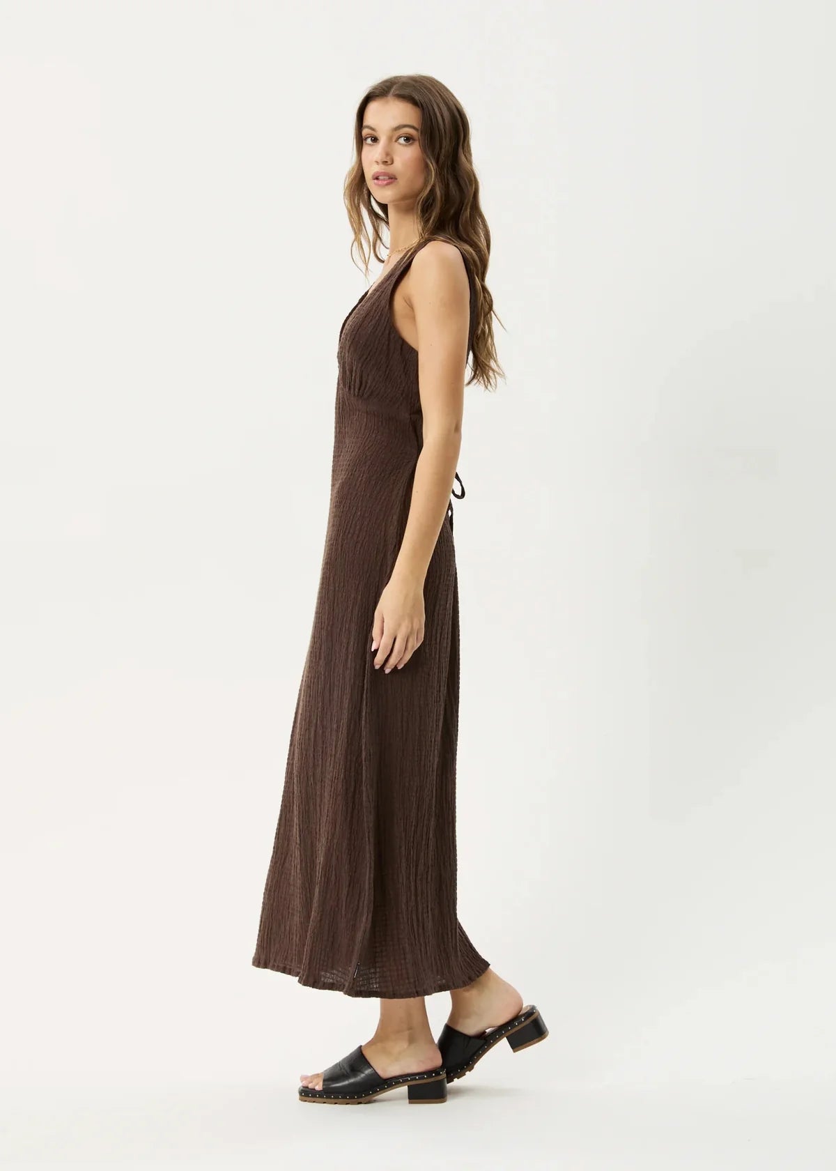Afends Focus Seersucker Maxi Dress Coffee