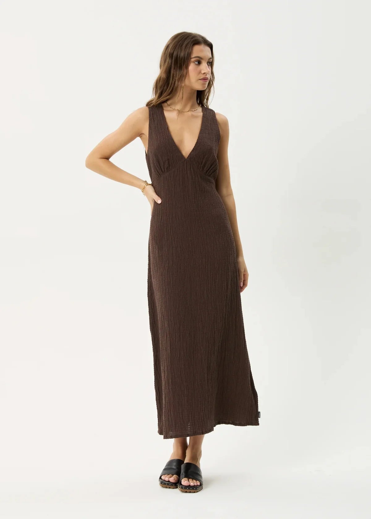 Afends Focus Seersucker Maxi Dress Coffee