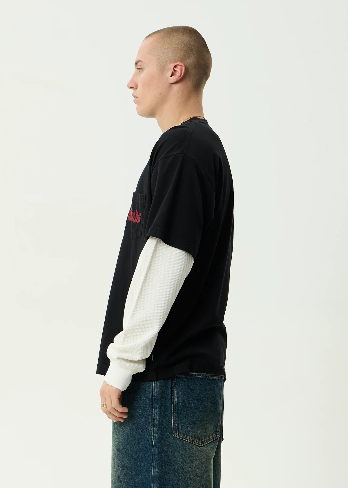 Afends Drop Zone - Layered Waffle Boxy Tee - Black