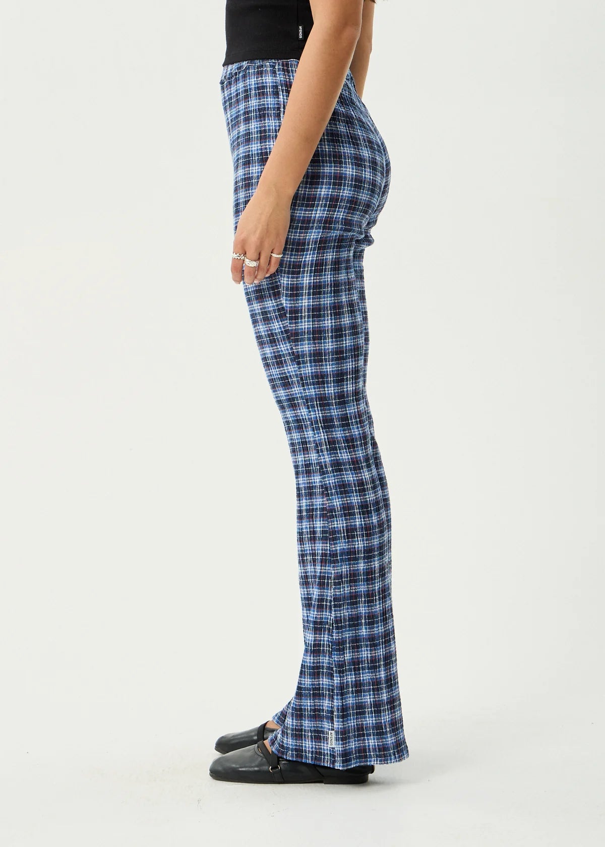 Afends Mountains - Seersucker Flare Pant - Navy Red Check