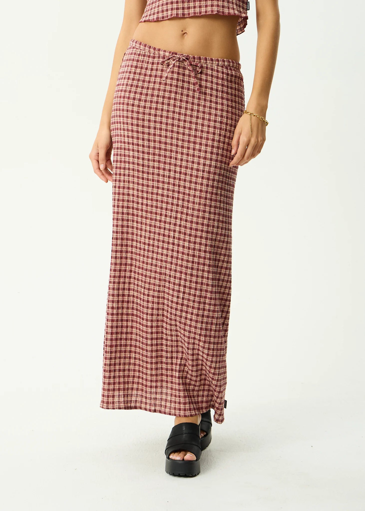 Afends Capricorn - Seersucker Maxi Skirt - Burgundy / Beige Check