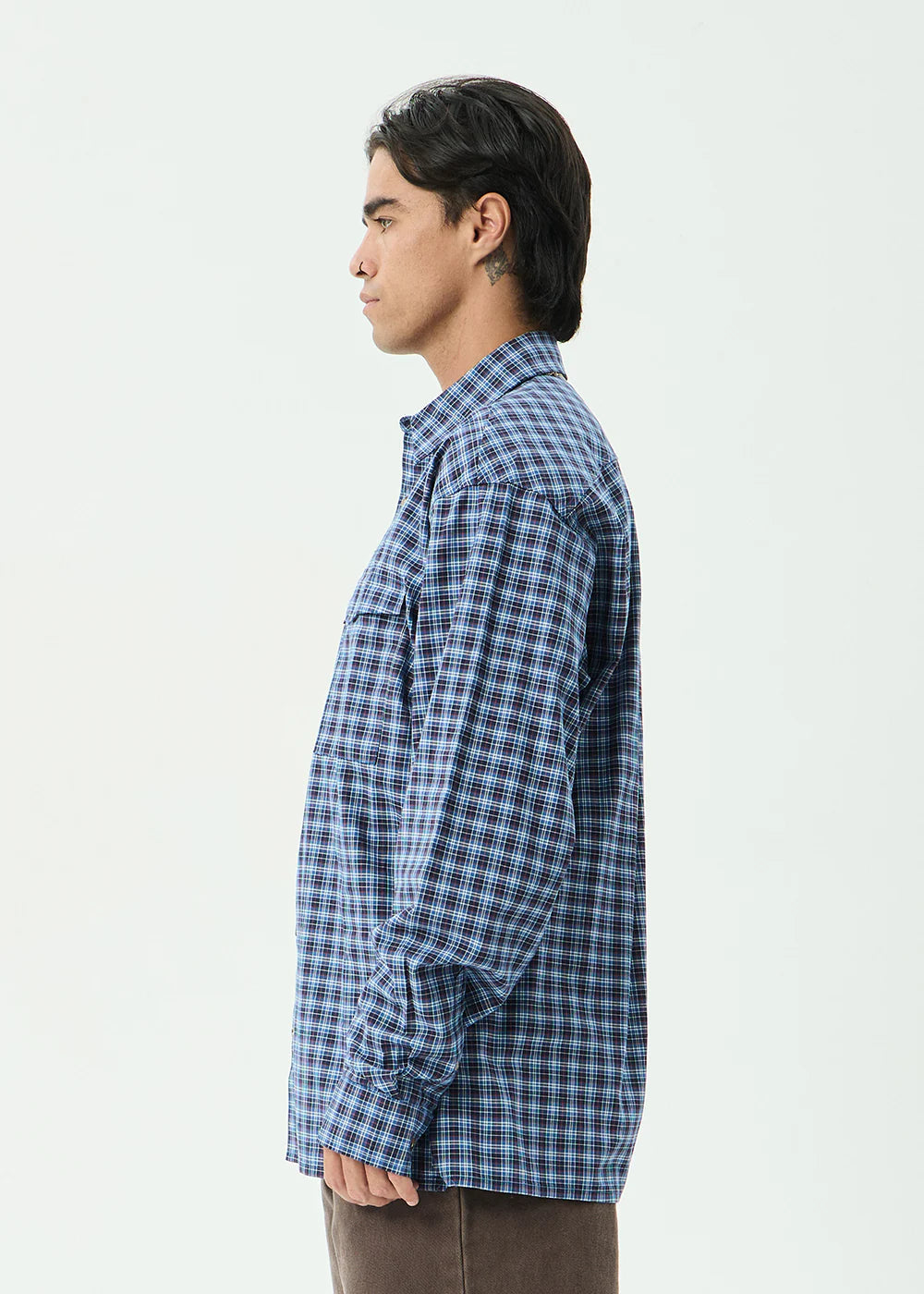 Afends Mountains - Oversized Long Sleeve Shirt - Navy Check