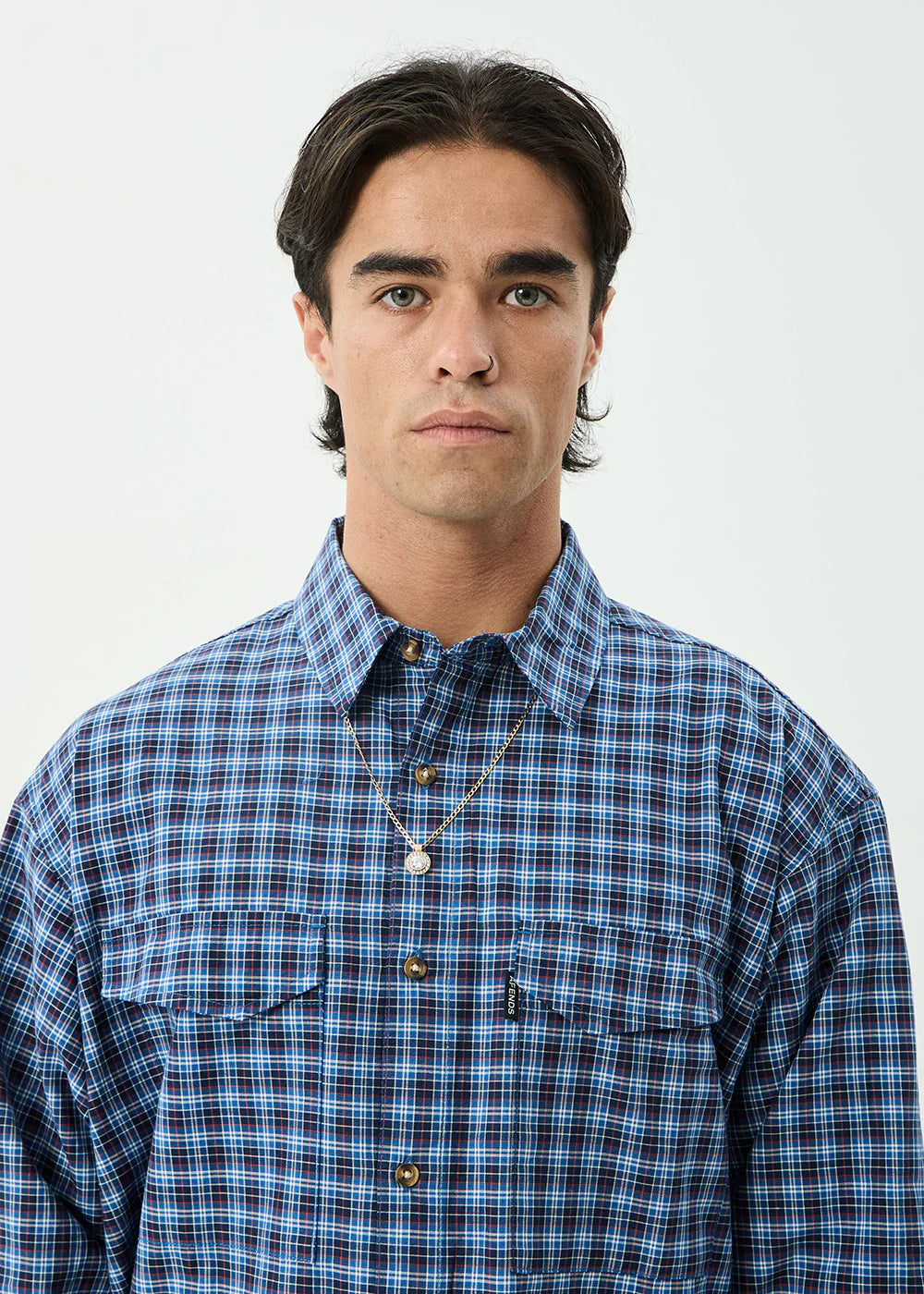 Afends Mountains - Oversized Long Sleeve Shirt - Navy Check