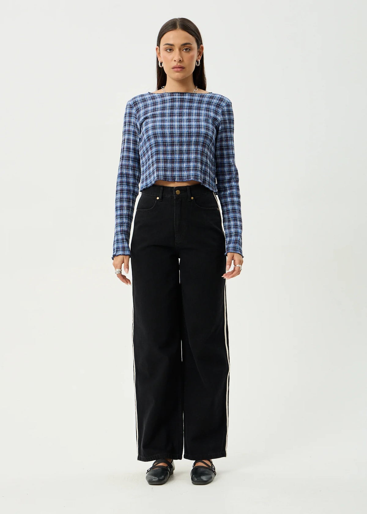 Afends Mountains - Seersucker Long Sleeve Top - Navy Red Check