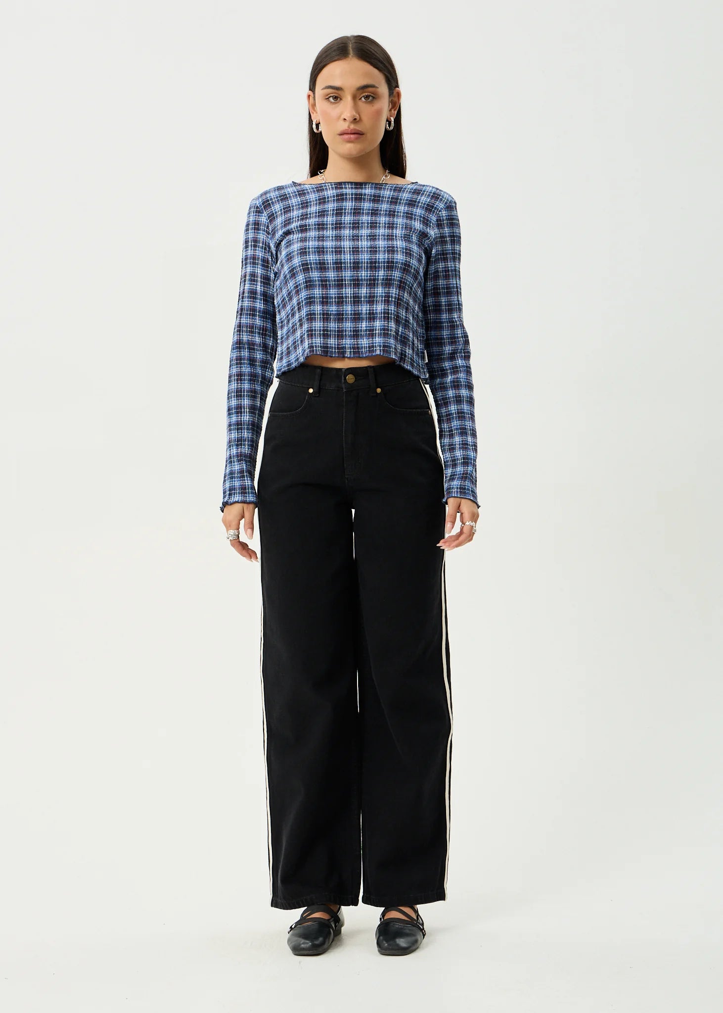 Afends Mountains - Seersucker Long Sleeve Top - Navy Red Check