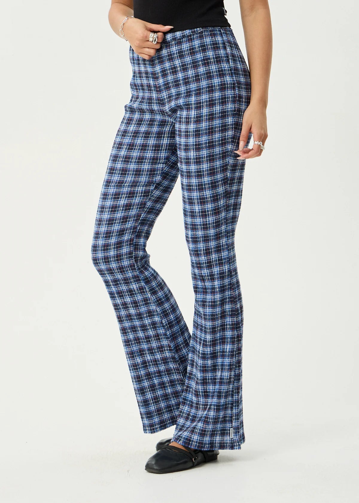 Afends Mountains - Seersucker Flare Pant - Navy Red Check