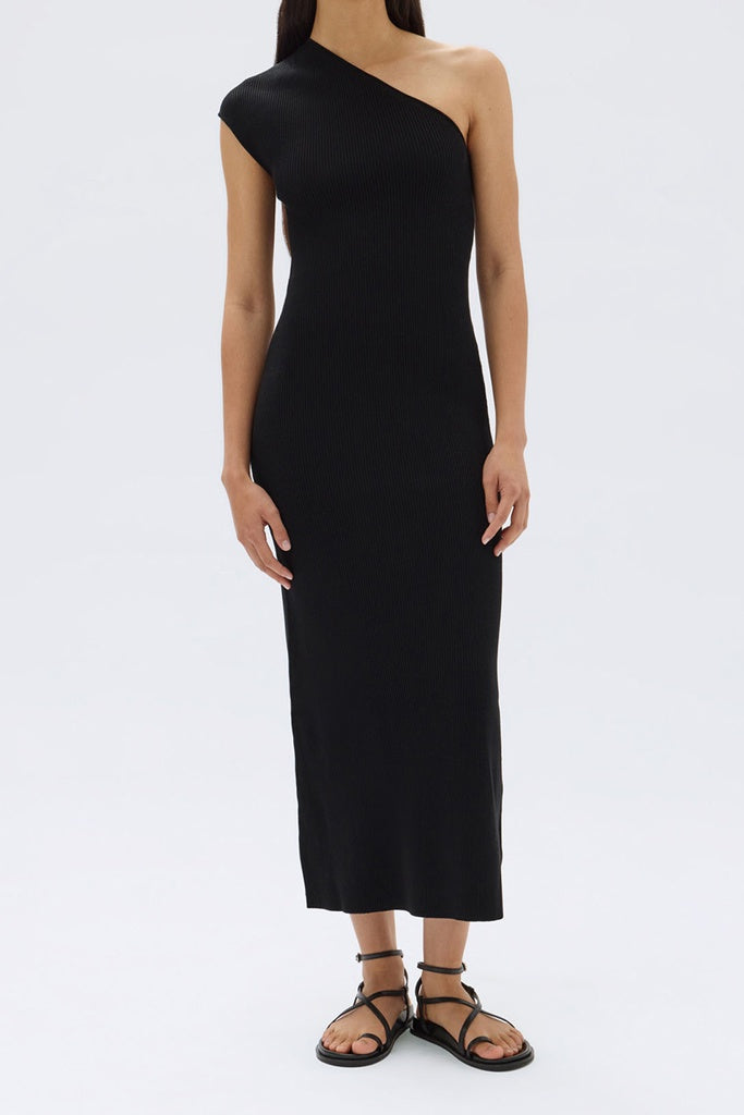 Assembly Elodie One Shoulder Knit Midi Dress Black