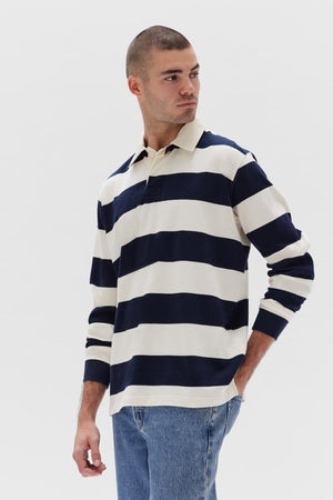 Assembly Wade Striped Long Sleeve Polo True Navy/White