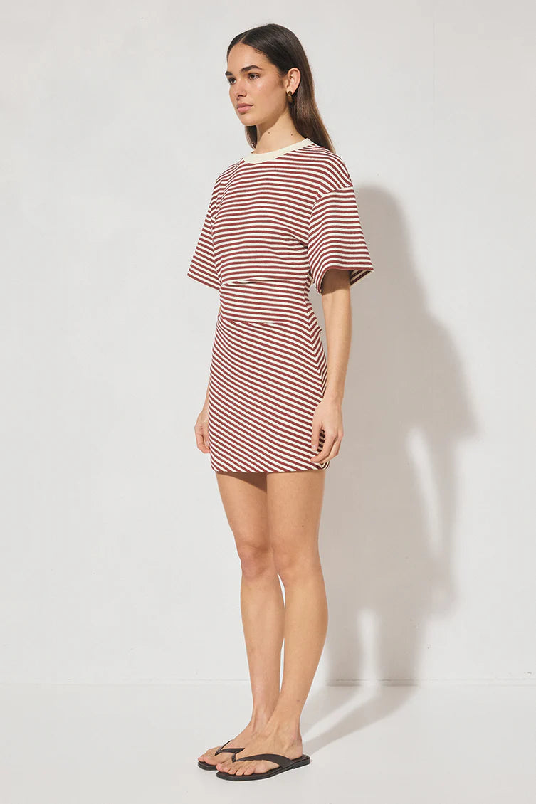 Mon Renn Aura Mini Dress Burgundy Cream Stripe