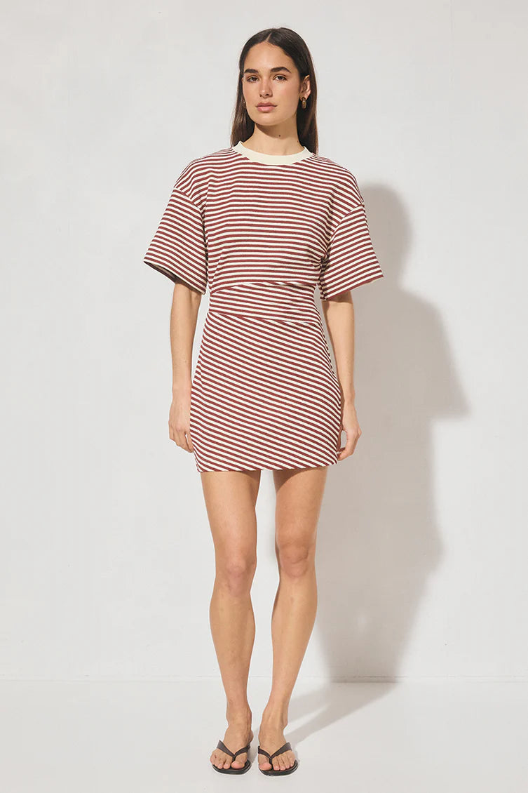 Mon Renn Aura Mini Dress Burgundy Cream Stripe