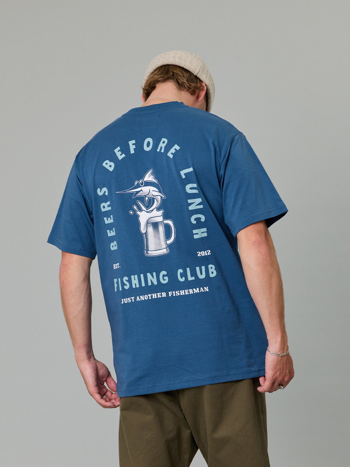 Just Another Fisherman Beers Before Lunch Sea Tee Military Blue