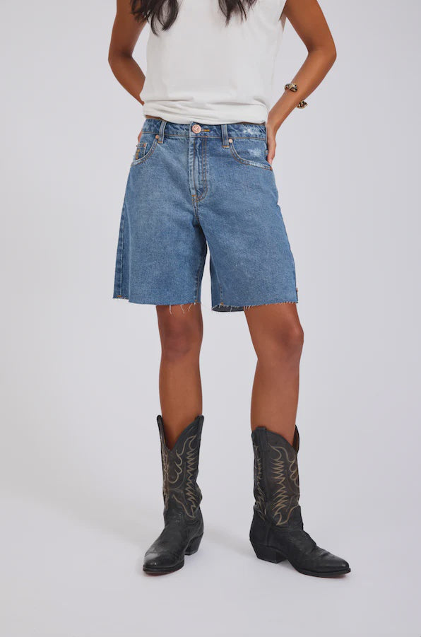 One Teaspoon Mid waist Wide Leg Denim Shorts- Hoodlum Blue