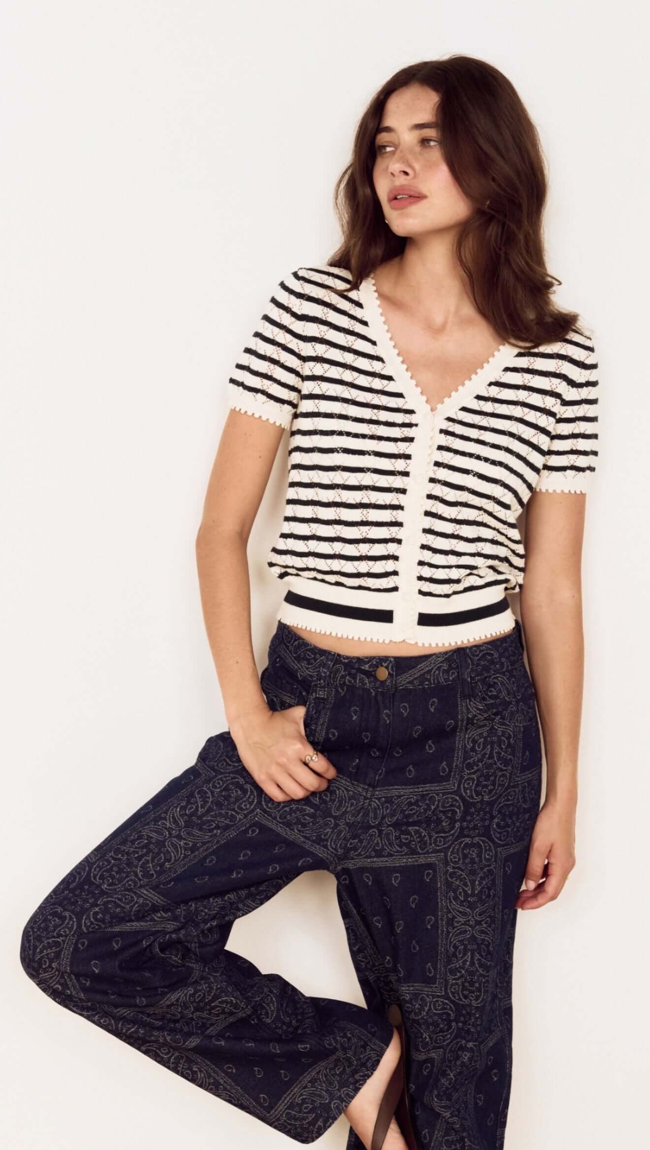 Mink Pink Calla Cream Stripe Cotton Pointelle Knit