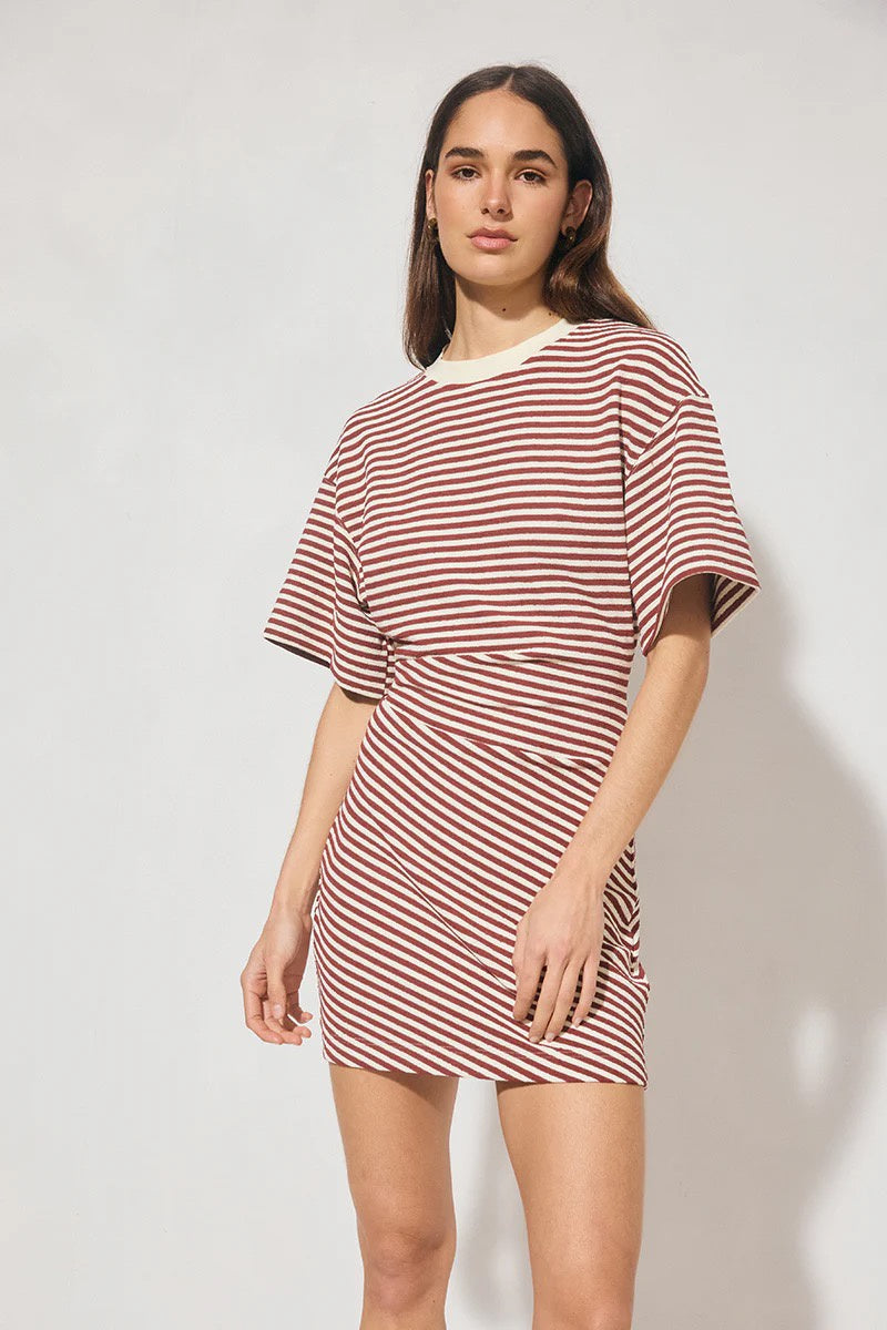 Mon Renn Aura Mini Dress Burgundy Cream Stripe
