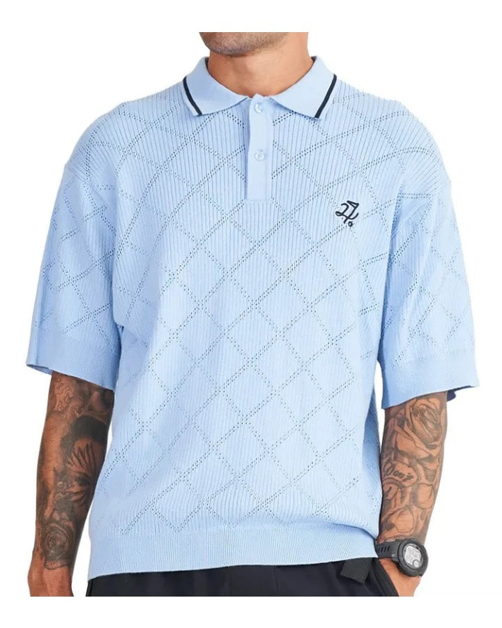Huffer Mens True Knit Polo Ice Blue