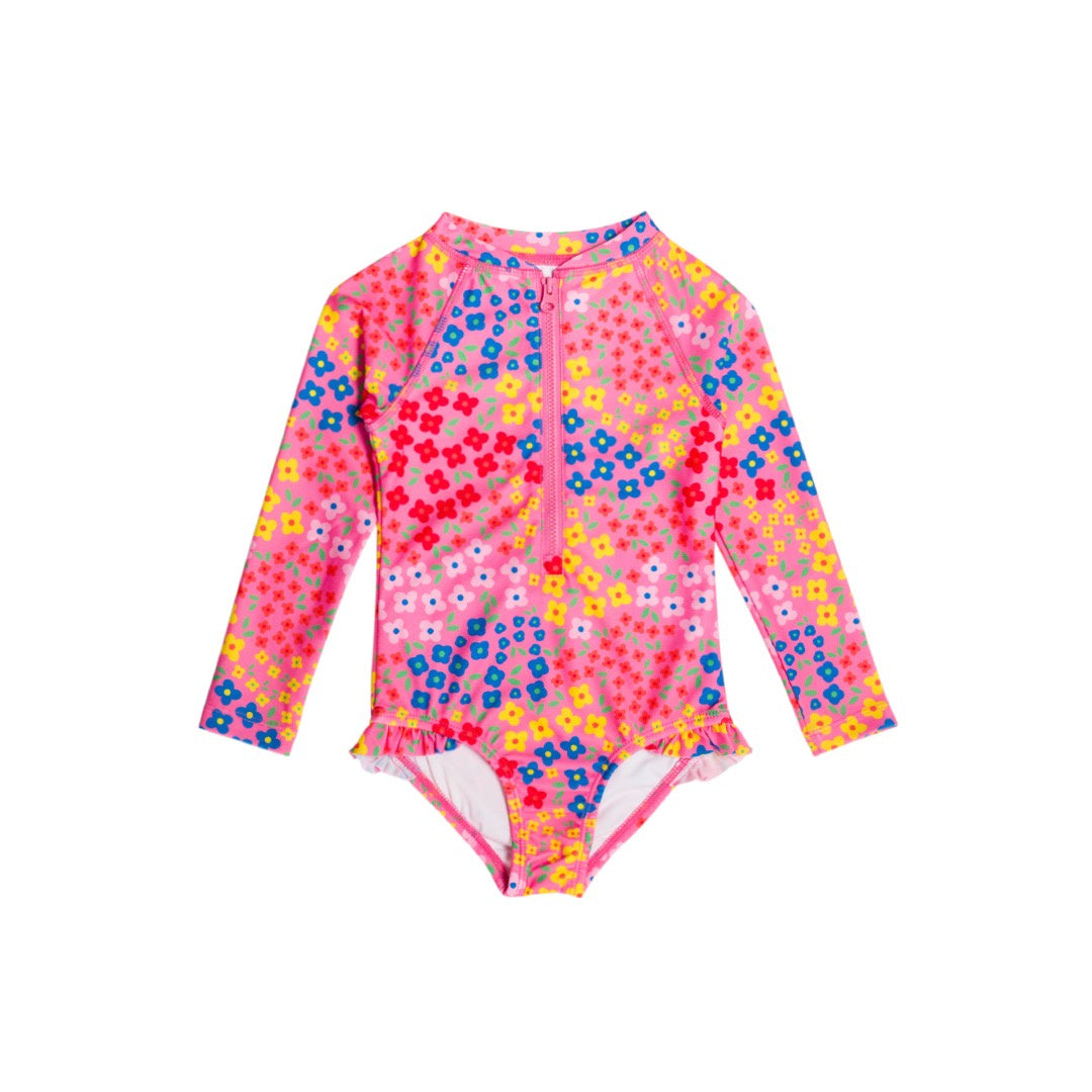 Nestling Neon  Sleeved Girls Swimsuit - Floral