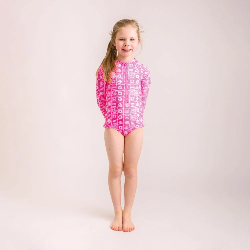 Nestling Neon Sleeved Girls Swimsuit - Neon Pink Retro Surf