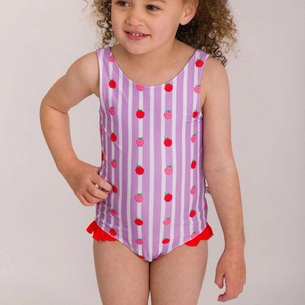 Nestling Neon Girls Swimsuit - Striped Raspberries
