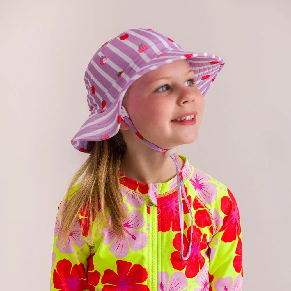 Nestling Neon Swim Bucket Hat - Striped Raspberries