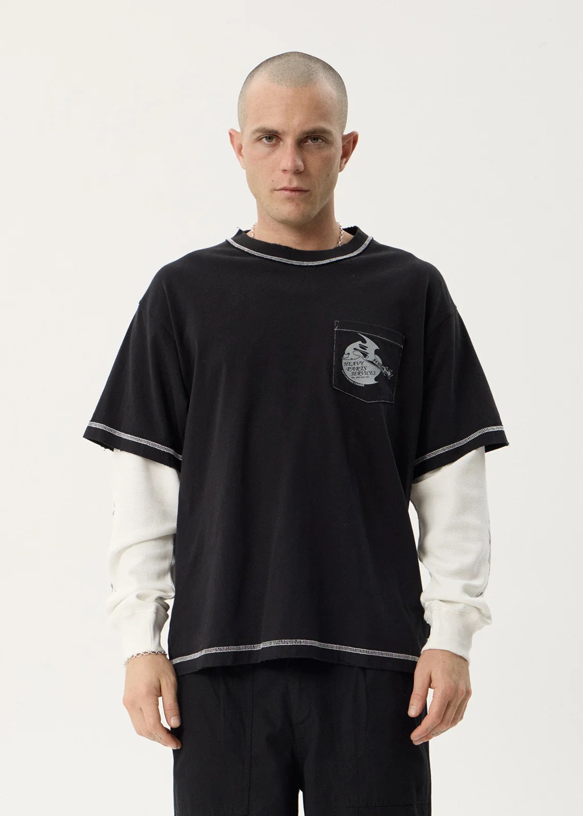 Afends Heavy Parts Layered Waffle Long Sleeve Tee - Stone Black