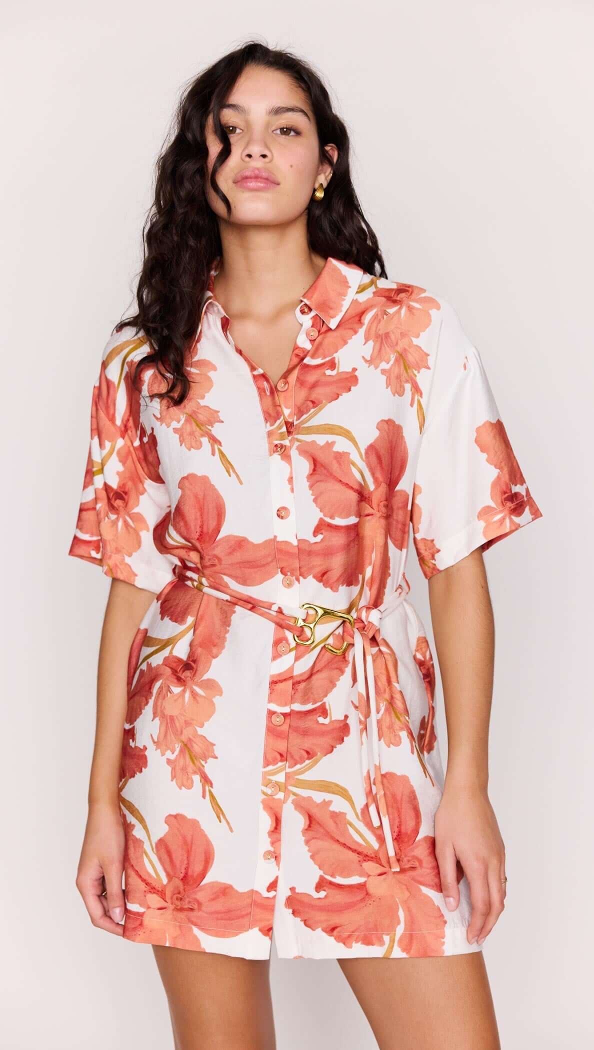 Mink Pink Isla Mini Shirt Dress Peach Hibiscus