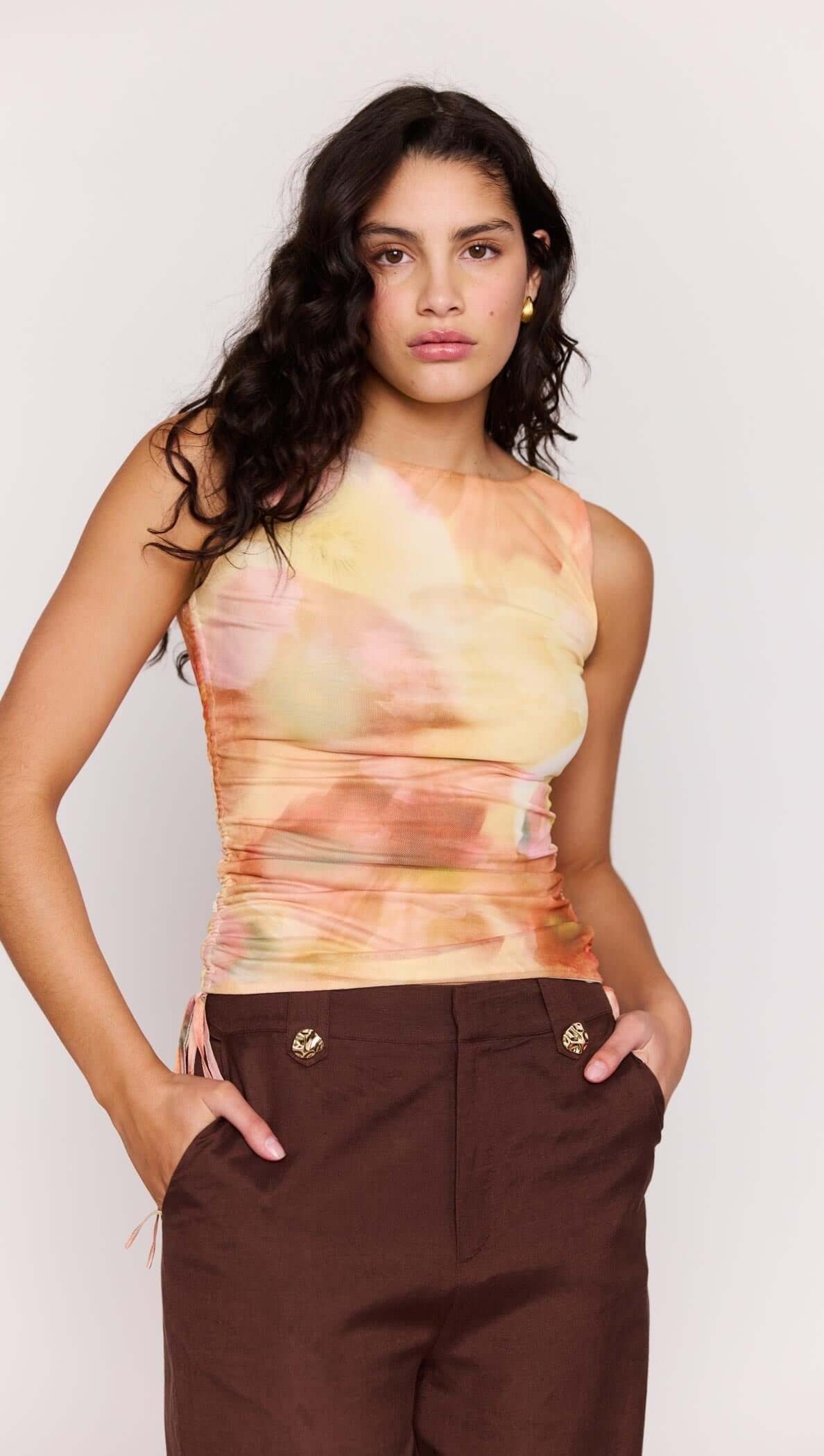 Mink Pink Aria Drawstring Top Sunset Tonal
