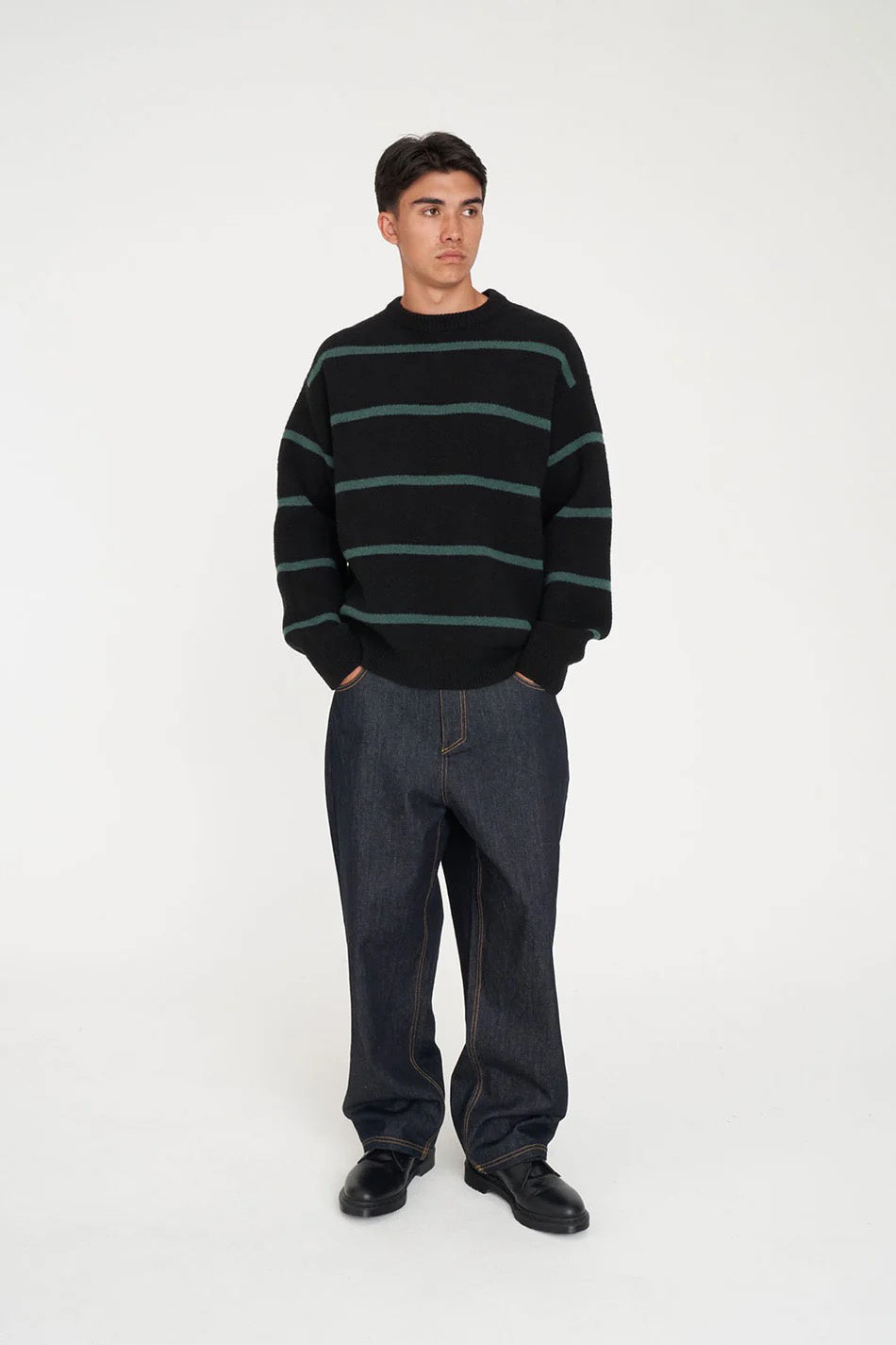 Huffer Stack Stripe Knit Crew Black/Pine