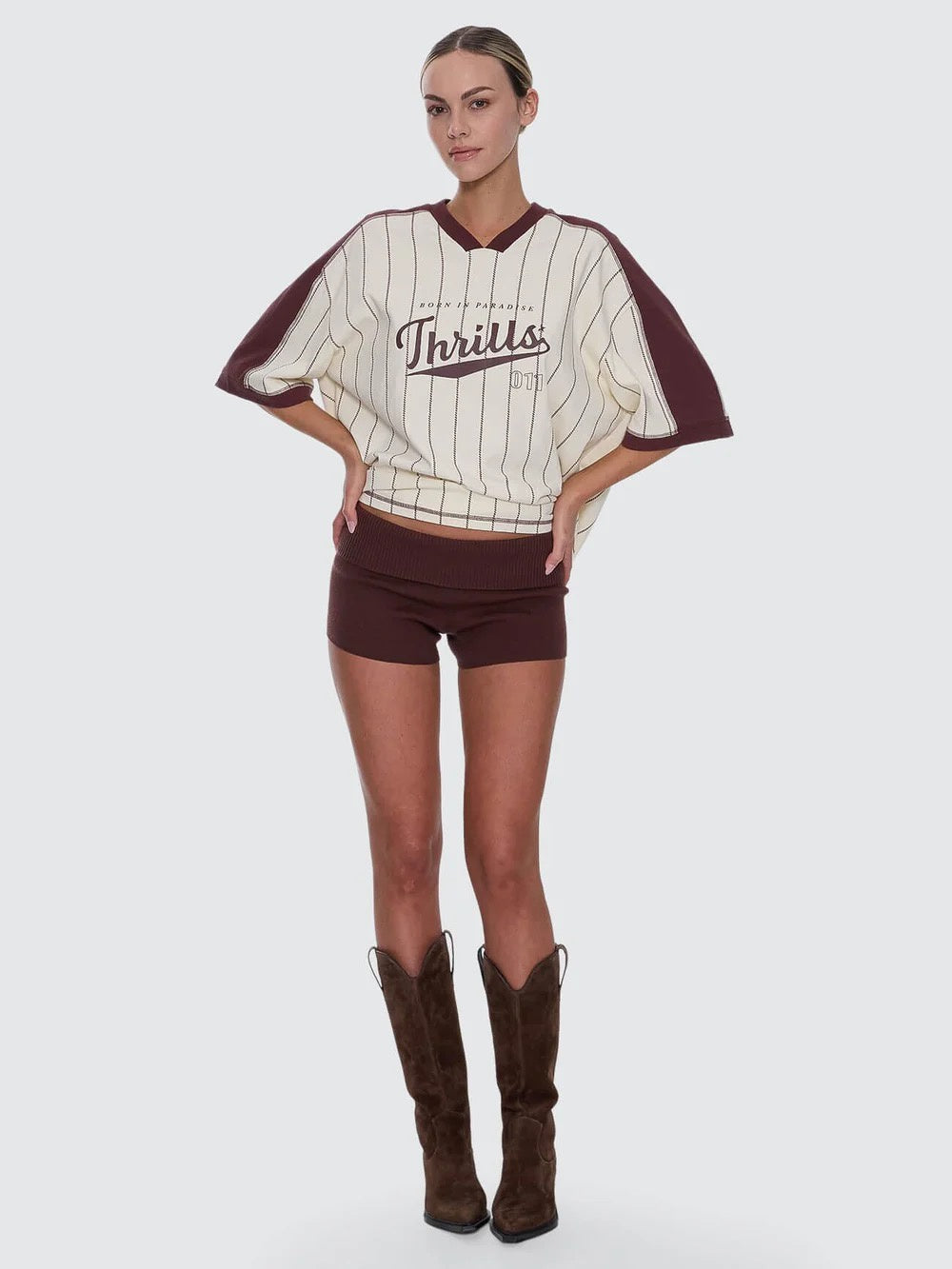 Thrills Baseline Stripe V-Neck Oversized Tee