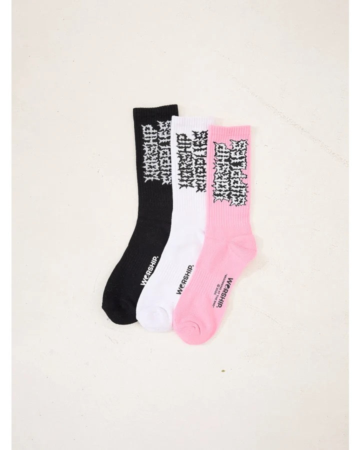 Worship Pile Up Socks 3 Pack White-Black-Flamingo