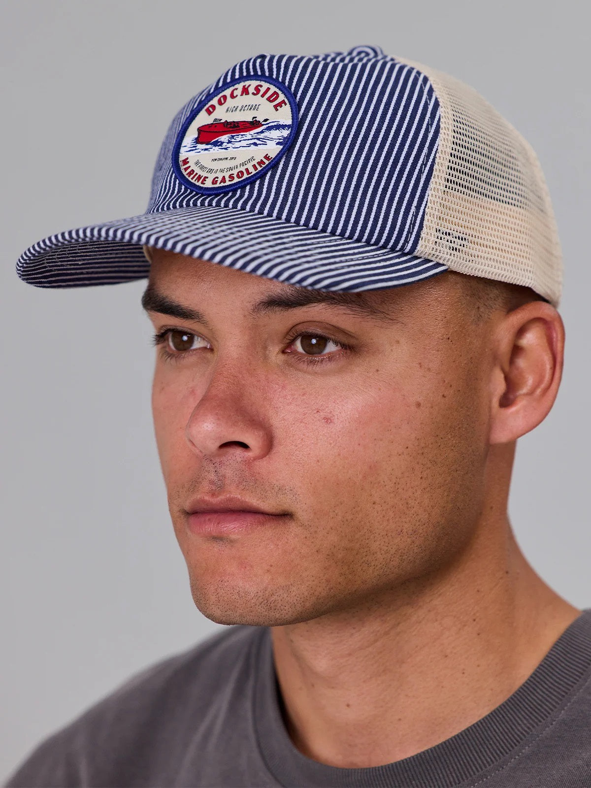 Just Another Fisherman Marine Gasoline Ledger Cap Hickory Stripe