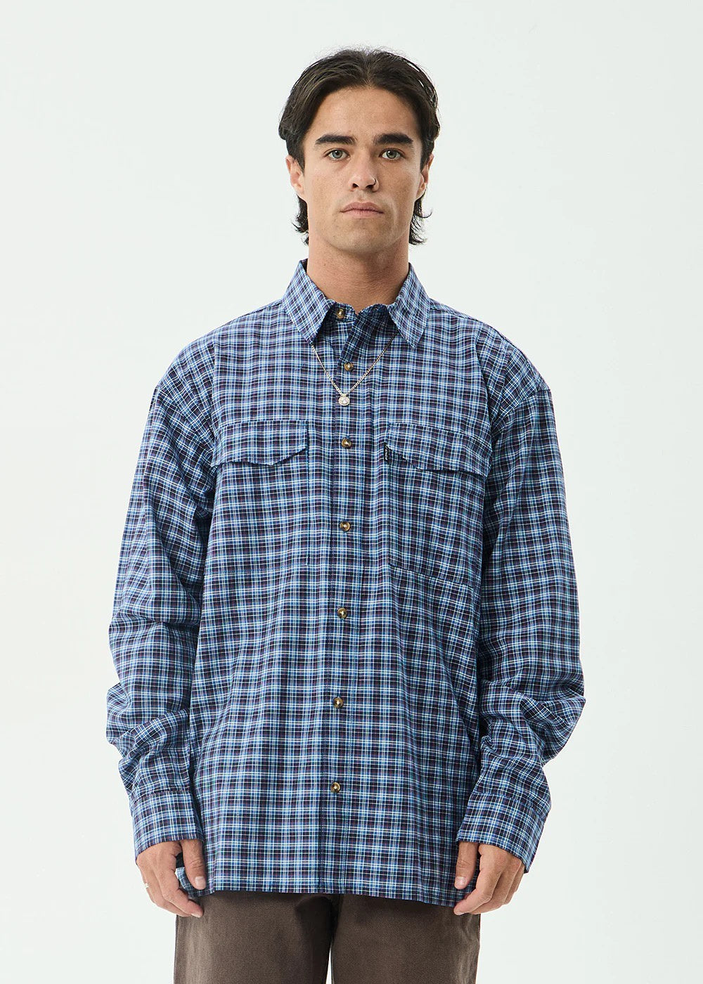 Afends Mountains - Oversized Long Sleeve Shirt - Navy Check