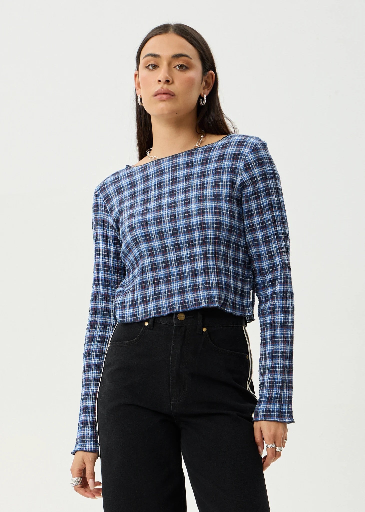 Afends Mountains - Seersucker Long Sleeve Top - Navy Red Check