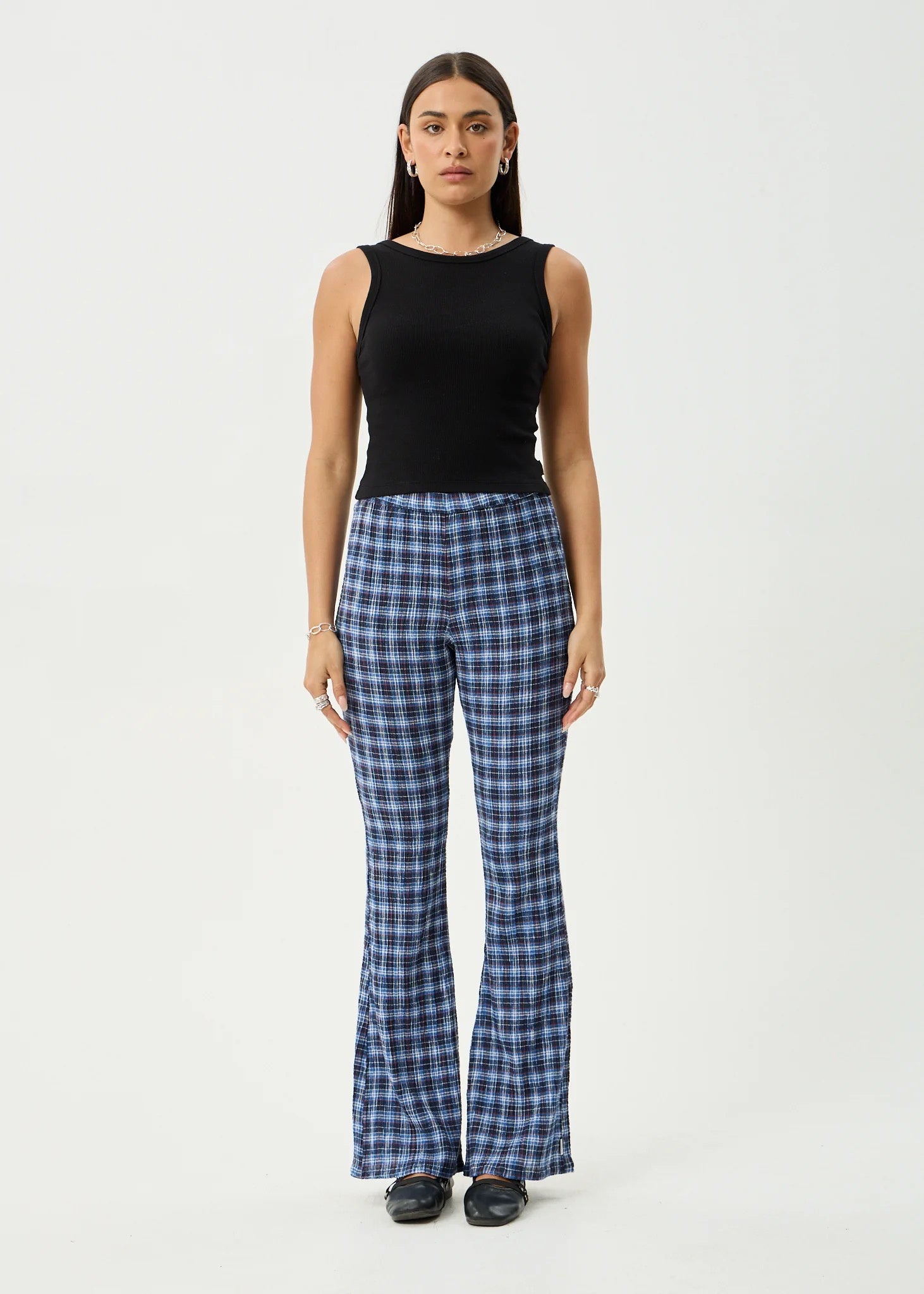 Afends Mountains - Seersucker Flare Pant - Navy Red Check