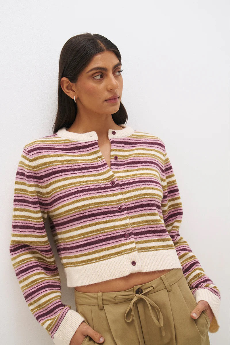 Mon Renn Orchid Stripe Cardigan Olive Plum Stripe